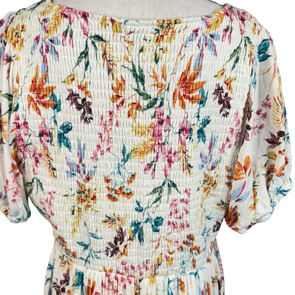 Torrid SZ 2 (2X-Large) Swiss Dot Midi Shirred Carrie Dress Floral V-Neck Lined - Picture 9 of 13